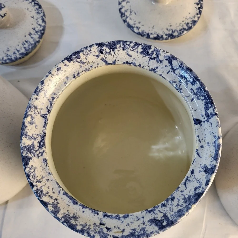Set of 3 Country Blue Hearts Sponge Stoneware Canister Set Cottagecore